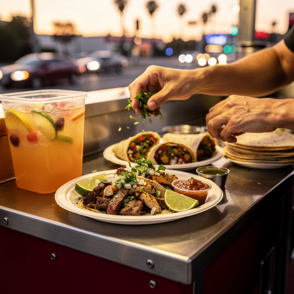 El Primo Tacos vibrant street taco truck serving authentic street food on Sunset Boulevard, Los Angeles