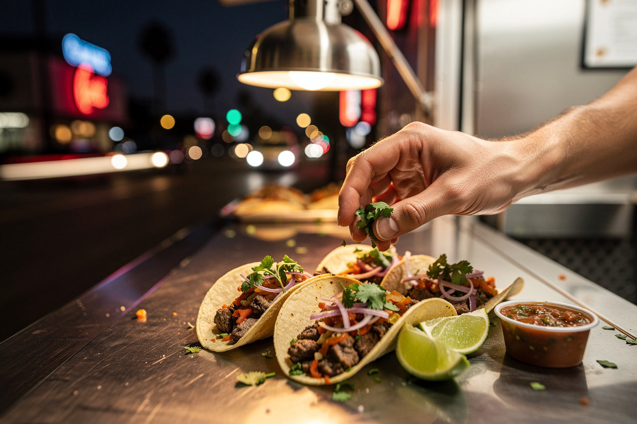 El Primo Tacos fresh street tacos prepared on Sunset Blvd, Los Angeles with vibrant ingredients
